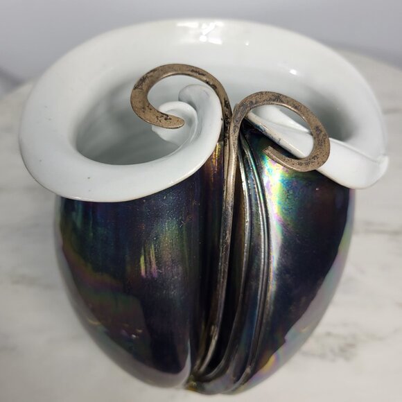 STUNNING VINTAGE IRIDESCENT STERLING SILVER FOLD OVER POTTERY CERAMIC VASE DISH - Picture 14 of 16